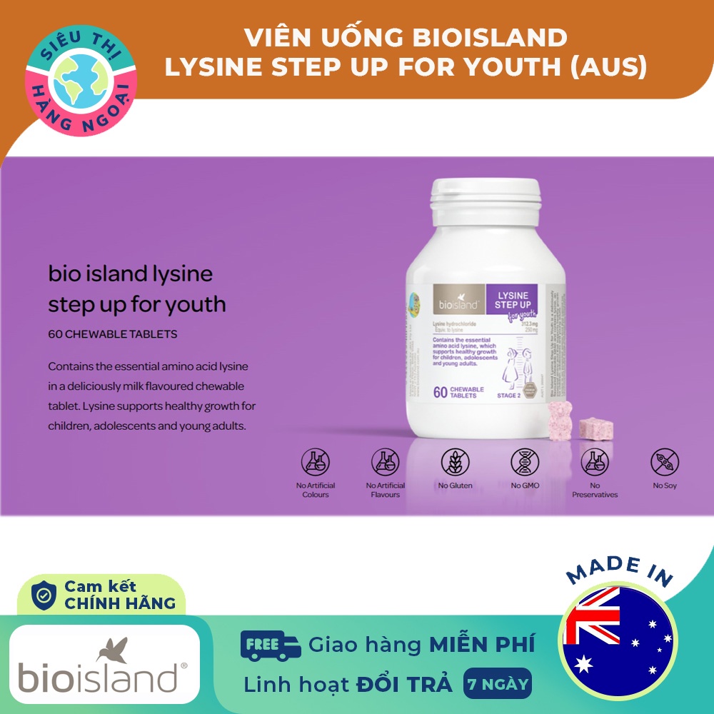 Viên nhai Hỗ trợ Tăng chiều cao cho bé Úc Bio Island Lysine Step Up for Youth 60 viên