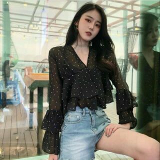 (Order/ Video thật) Áo croptop voan chấm bi ulzzang