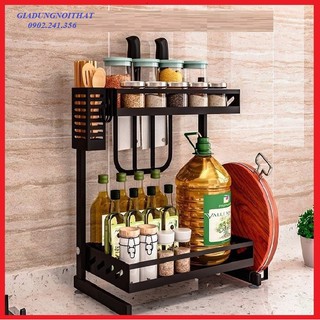 RE0613 Kệ gia vị 2 tầng thép đen có chỗ để dao thớt - Kệ để gia vị - Kệ để đồ nhà bếp đa năng