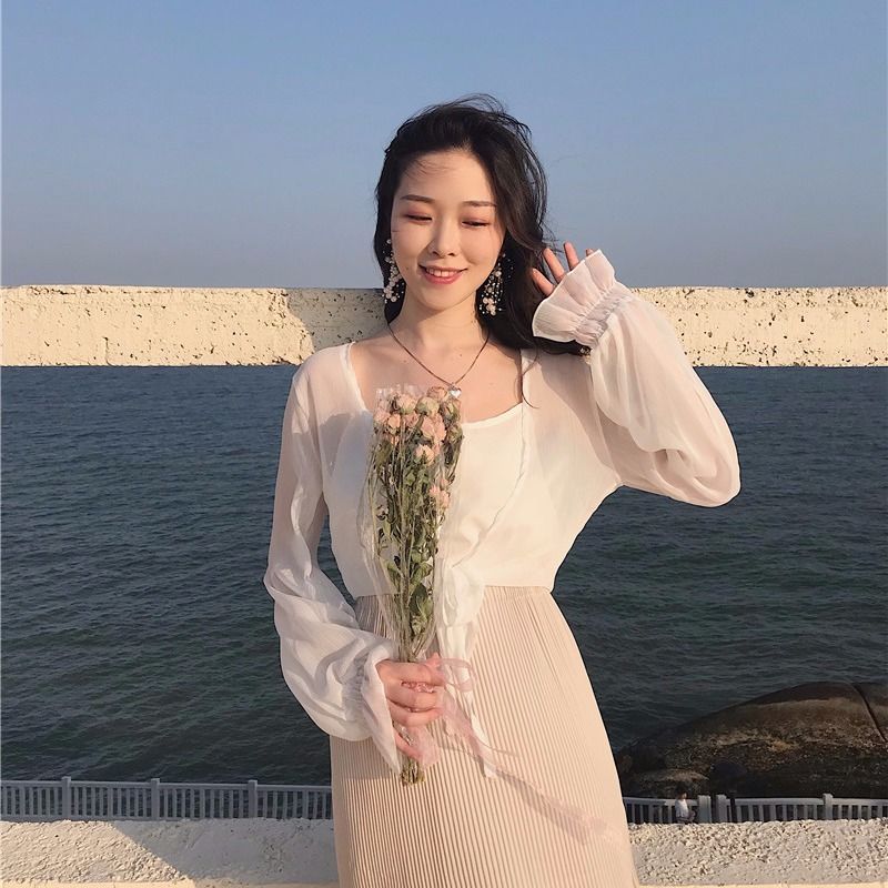 Áo khoác cardigan vải voan tay phồng thiết kế thanh lịch cho nữ F802