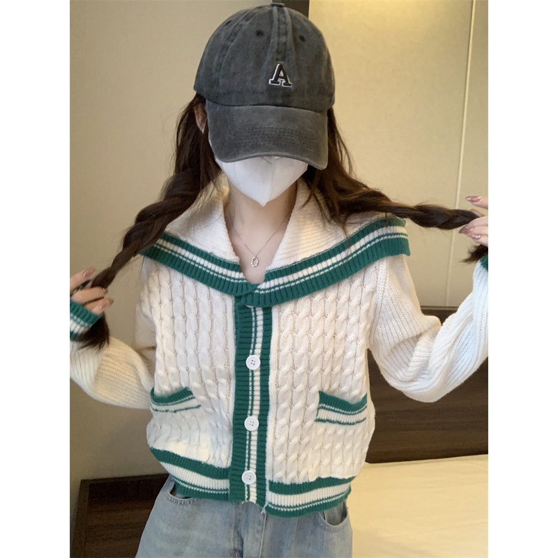 Mới Áo Khoác Cardigan Dệt Kim Màu Trắng Cổ Thủy Thủ Dáng Ngắn Thời Trang Cho Nữ
