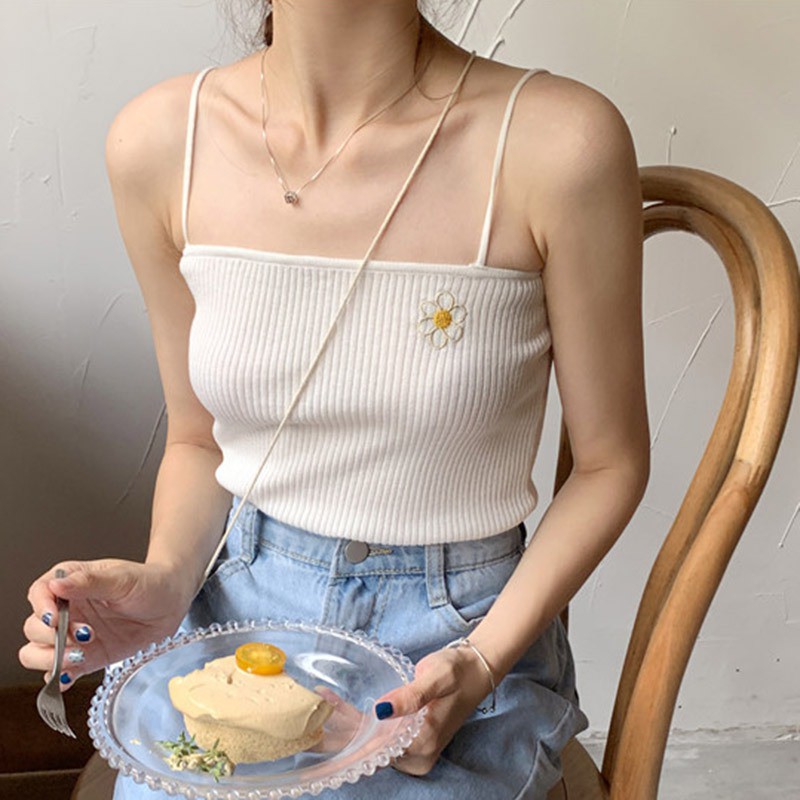 Áo dệt kim 2 dây thêu hoa dành cho phái nữ
