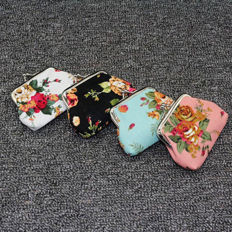 Ví clutch cầm tay khóa kim loại đựng tiền xu in hoa hồng cho phái nữ