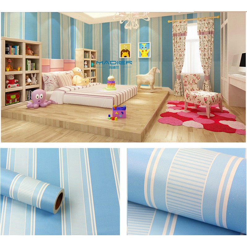 Decal giấy dán tường sọc xanh dương (khổ rộng 0.45m)