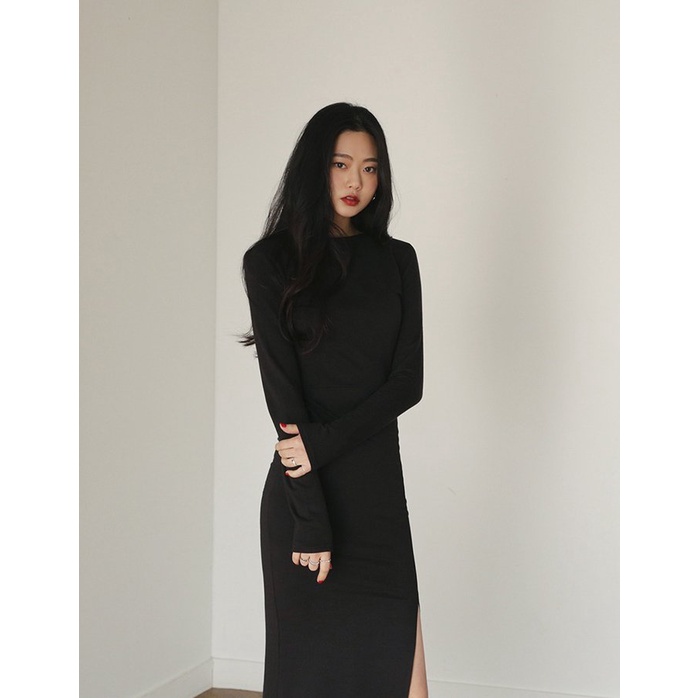 Váy đầm nữ dài tay len tăm body đen xẻ vạt cổ tròn Ylydress freesize phom ôm tôn dáng sexy dáng dài C660 | BigBuy360 - bigbuy360.vn