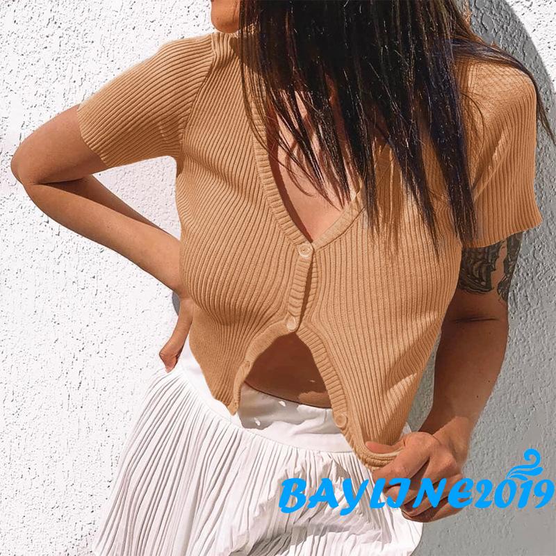 Áo Croptop Dệt Kim Tay Ngắn Cổ Chữ V Thiết Kế Đơn Giản Cho Nữ