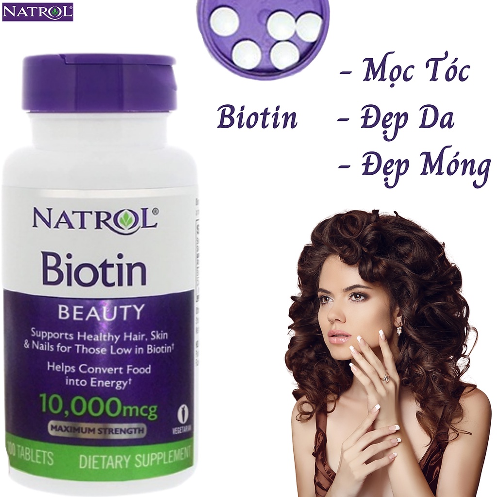 Viên uống Natrol Biotin 10000mcg, USA 100 viên hỗ trợ mọc tóc, giúp móng khỏe cho người trên 12 tuổi