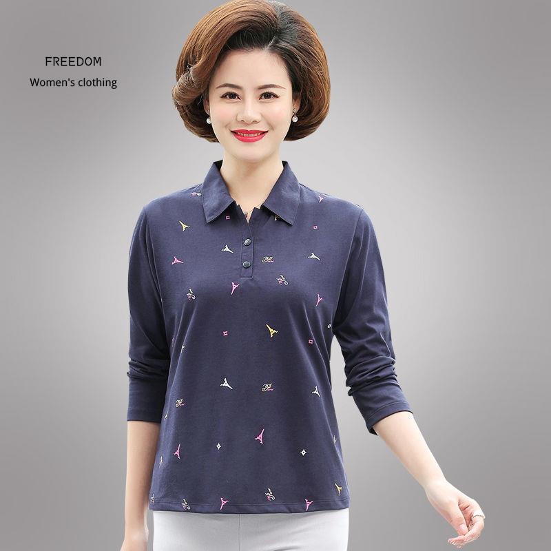 freedom  Áo thun nữ trung niên, cotton plus size, mặc mẹ, quần xuân thu, dài tay Hàn Quốc- sơ mi POLO ve người già và ca