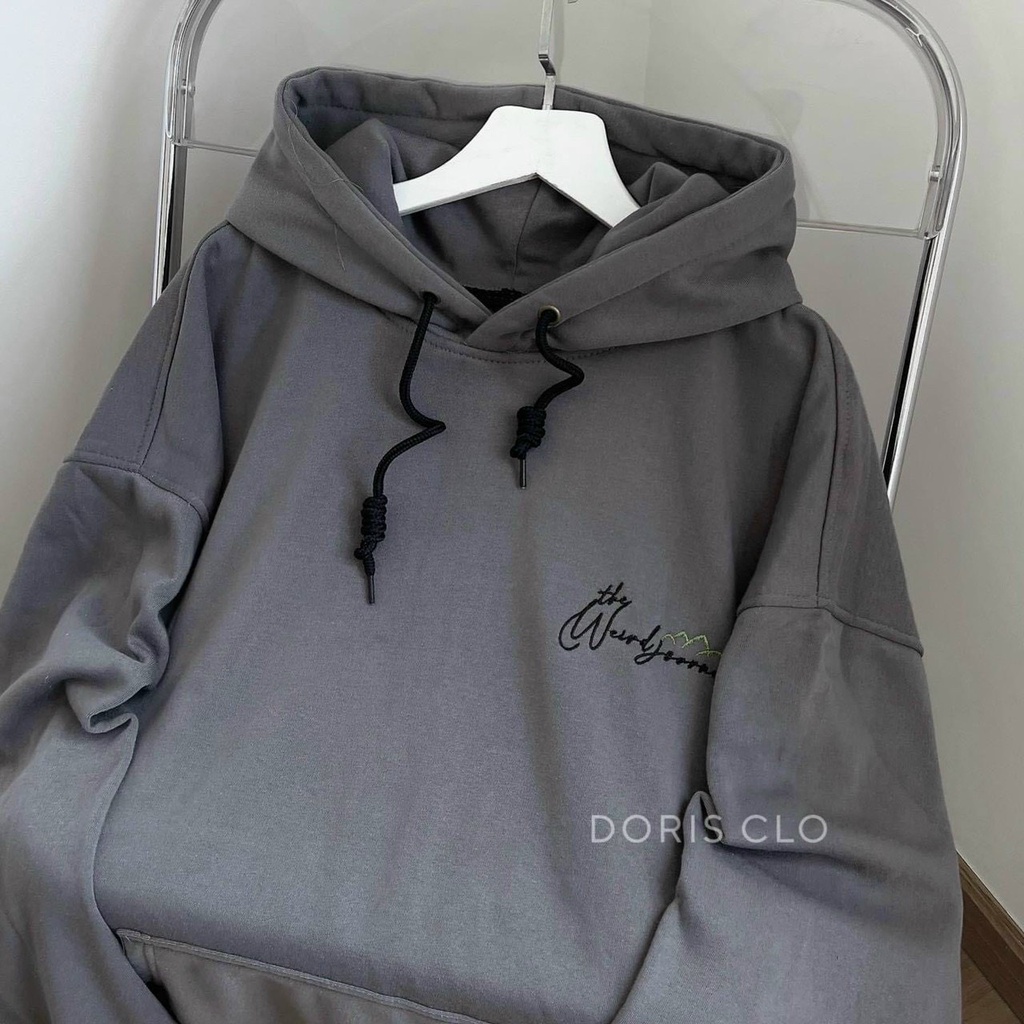 Áo hoodie xám thêu logo họa tiết tuổi teen from rộng dáng chuẩn
