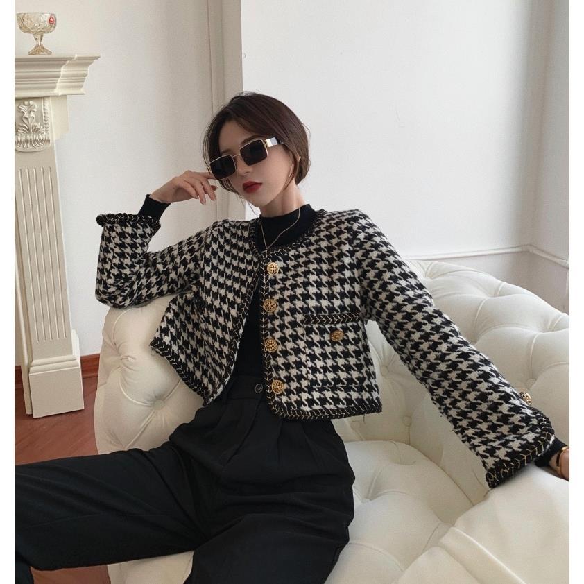 Áo khoác dạ tweed dáng ngắn họa tiết caro