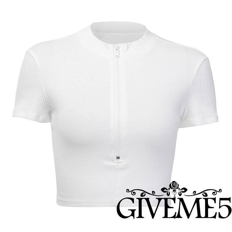 GIVEME-Women Zipper T-shirt Female Bustier Corset Tops High Neck Croped Tops