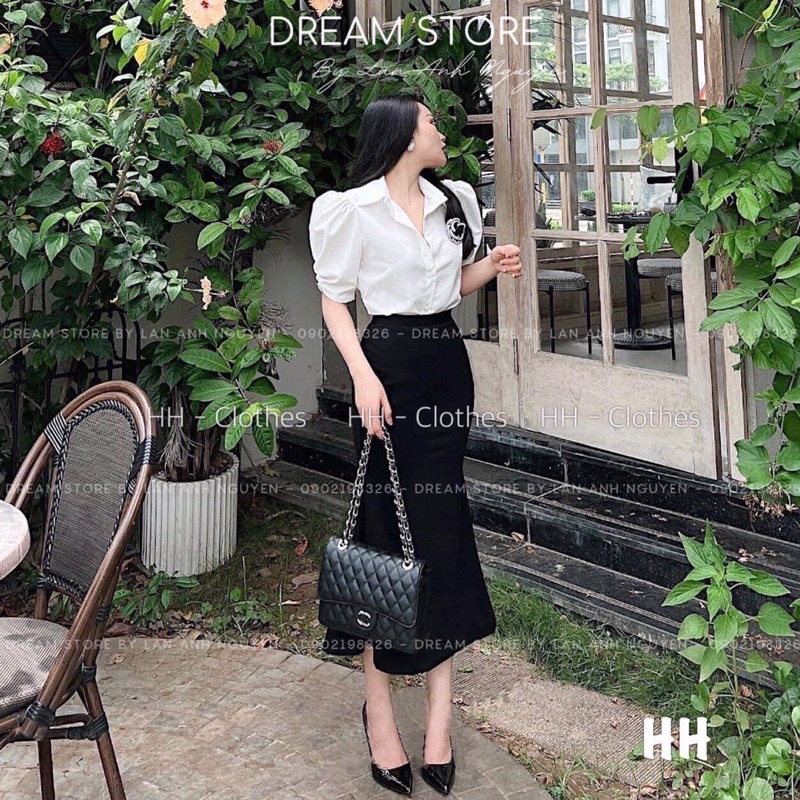SET ÁO SƠ MI LOGO HOA MIX CHÂN VÁY ĐUÔI CÁ ĐEN