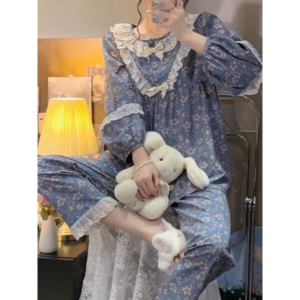 BỘ MẶC NHÀ TIỂU THƯ DÀI TAY HOA XANH rẻ nhất shopee