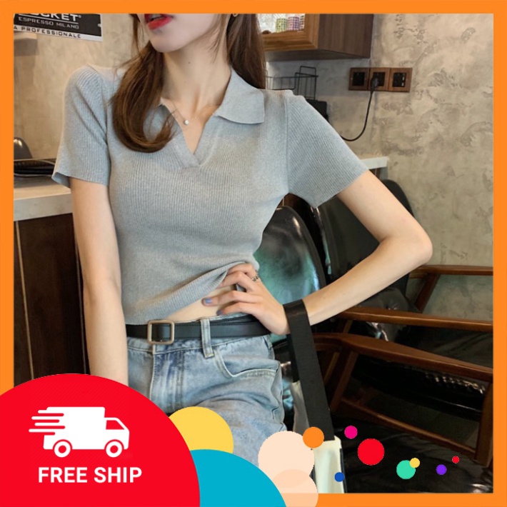 Áo Croptop Nữ✨ GIÁ SALE✨ Áo Polo Croptop Len Tăm Dệt Kim Cao Cấp Quảng Châu Tay Ngắn Có Cổ