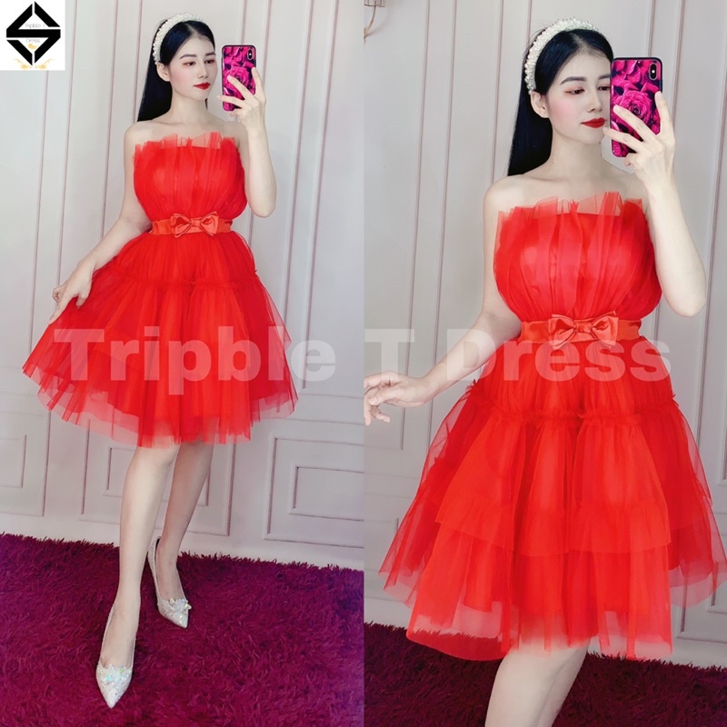 Đầm xoè cúp ngực chất lưới xếp tầng nơ eo TRIPBLE T DRESS - SIZE M/L - MS228V