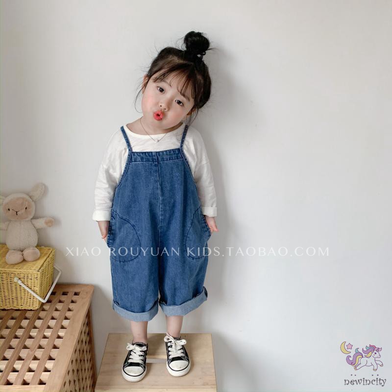 Áo Liền Quần Vải Denim Dáng Rộng Dễ Thương Phong Cách Hàn Quốc Cho Bé