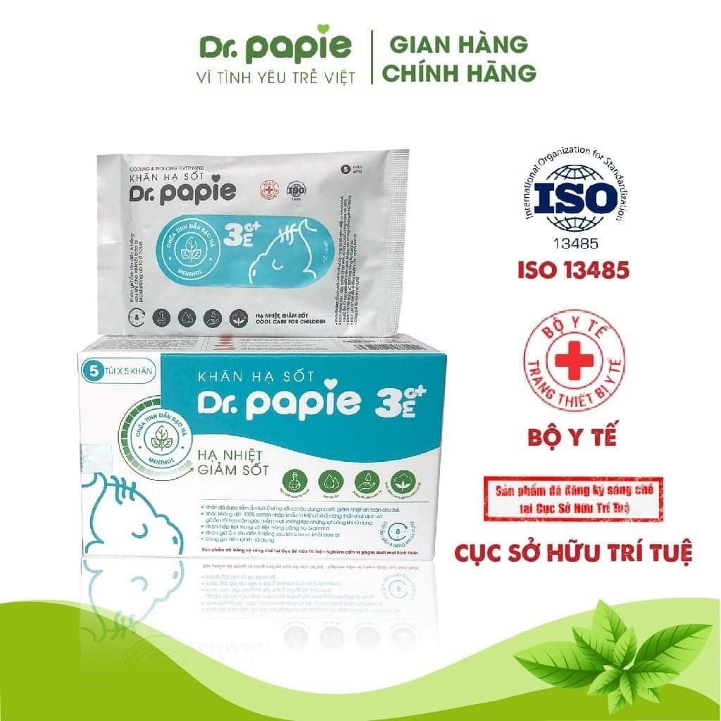 [CHÍNH HÃNG] Khăn lau hạ sốt cho bé từ sơ sinh hộp 5 gói x 5 khăn Dr Papie