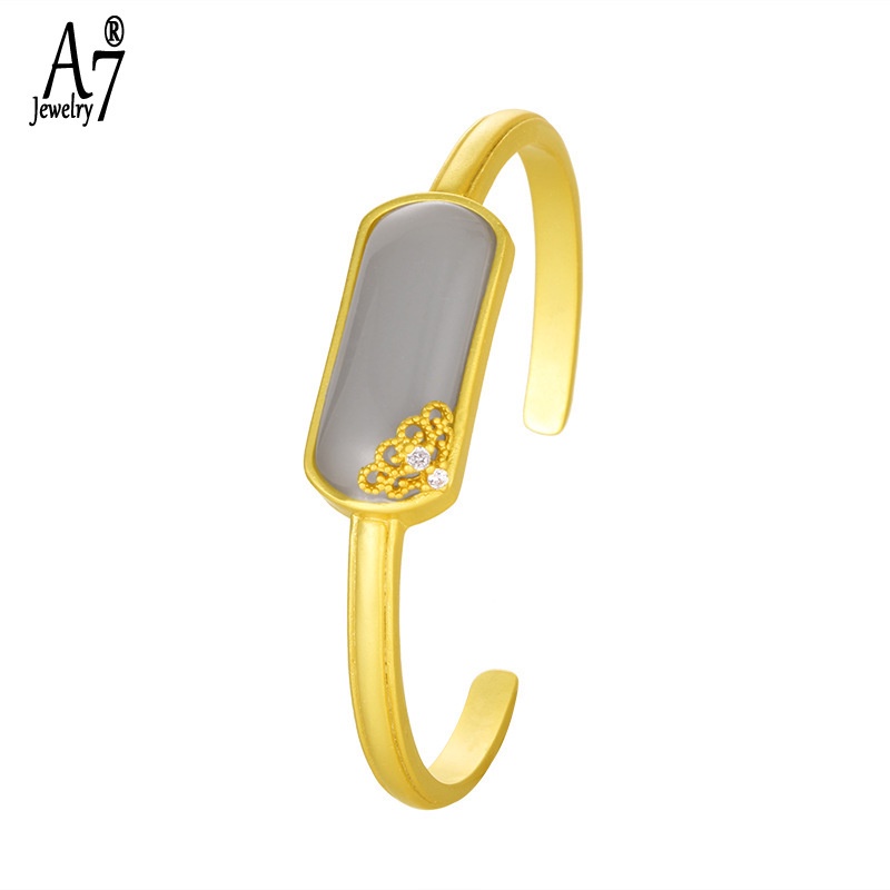 Vòng Tay Bạc 925 A7 S925 Dạng Hở Đính Đá Sapphire Hình Chữ Nhật Phong Cách Retro Cho Nữ