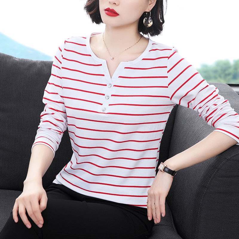 Áo thun tay dài cổ chữ v họa tiết kẻ sọc size lớn thời trang cho nữ