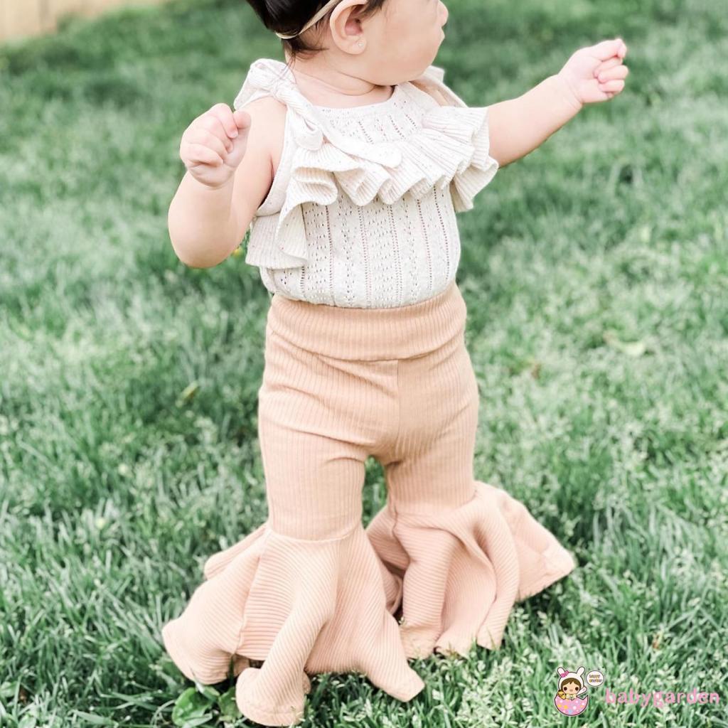 BABYGARDEN 6months-3years Baby Girl Outfits, Solid Color Sleeveless Ruffles Decor Sling Romper + Elastic Waist Ribbed