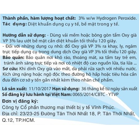 10 CHAI NƯỚC OXY GIÀ VP 3% Chai 60ml Diệt vi khuẩn và nấm Sát khuẩn vêt thương Bảo vệ sức khỏe Thương hiệu Vĩnh Phúc