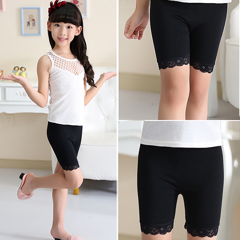 Quần Legging Cotton Mềm Phối Ren Màu Trơn An Toàn Cho Bé Gái