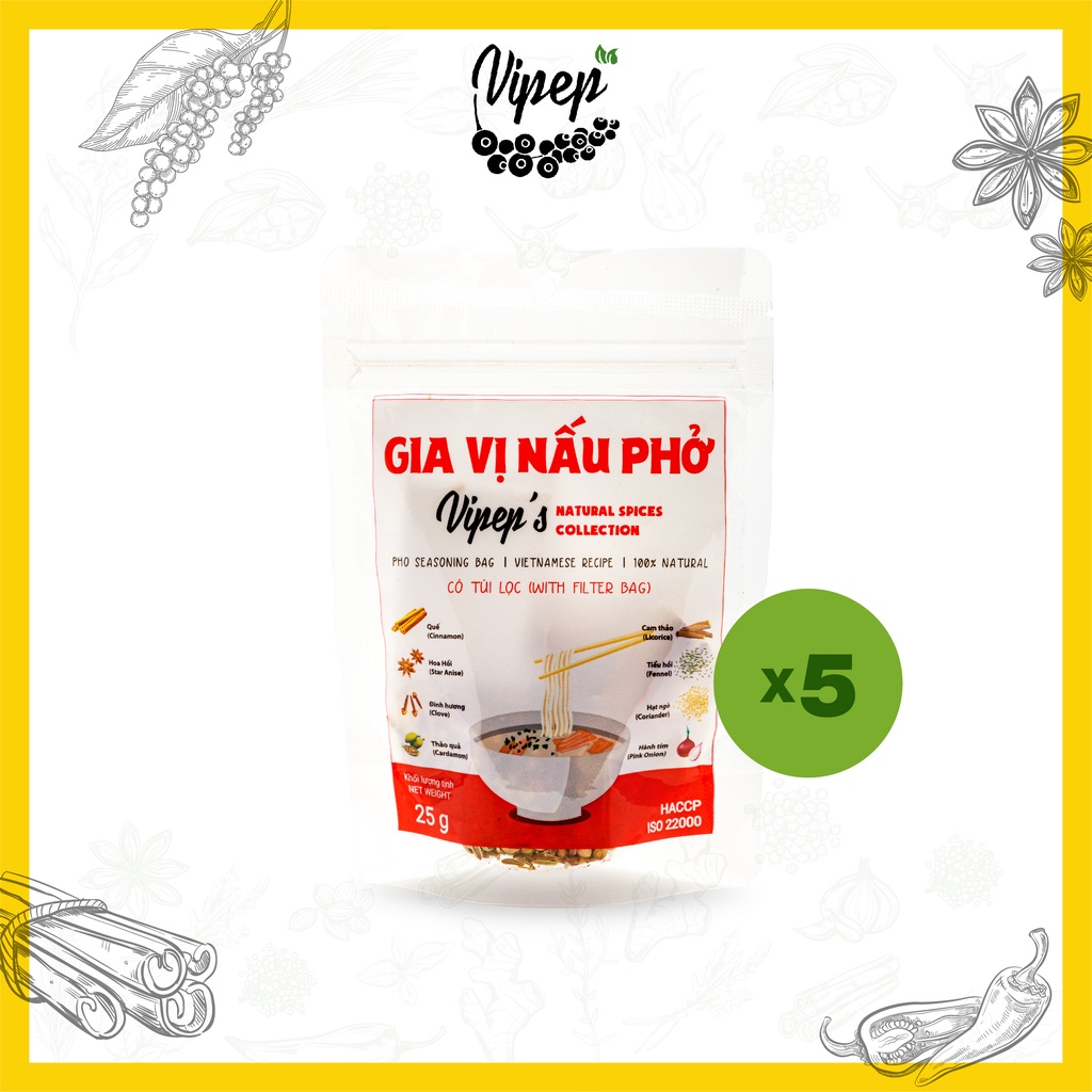 Combo 5 gói gia vị nấu phở bò, phở gà, phù hợp nấu bún bò (Vipep chuyên các gia vị tẩm ướp, hữu cơ và gia vị nêm sẵn)