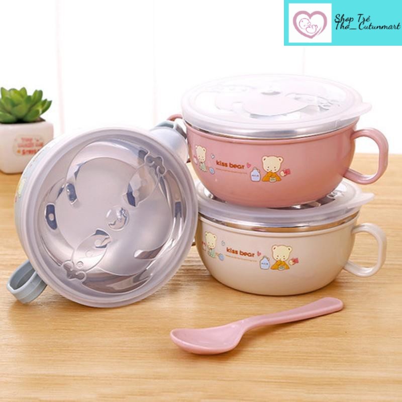 Bát ăn dặm giữ nhiệt 2 lớp ruột inox kèm thìa và nắp đậy có 2 tai cầm cho bé