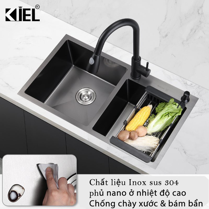 Chậu rửa bát 2 hố inox 304 phủ nano đen hàng nhập khẩu chính hãng bảo hành 24 tháng