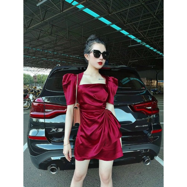 Đầm dự tiệc, dạo phố cổ vuông tay phồng phối nơ bèo eo