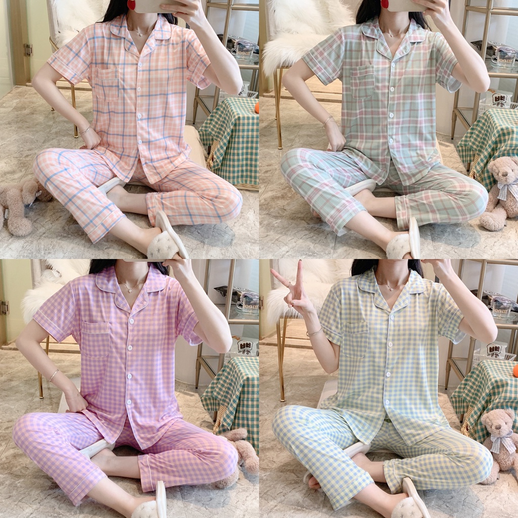 Bộ Đồ Ngủ 2 Món Áo Cardigan Tay Ngắn Phối Quần Short Kẻ Sọc Kiểu Hàn Quốc Dễ Thương