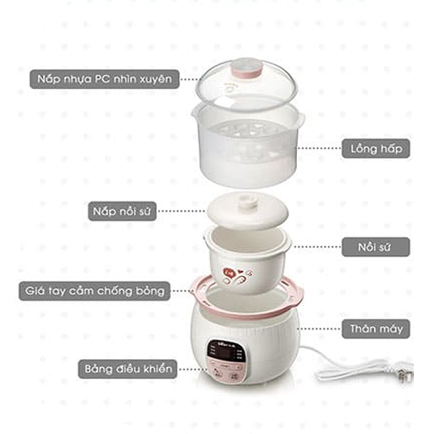 Nồi Nấu Cháo Chậm Cho Bé Bear dung tích 0.8L, 1.6L, 2.5L kèm lồng hấp (1 đổi 1 trong 30 ngày, Bảo hành 18 tháng)