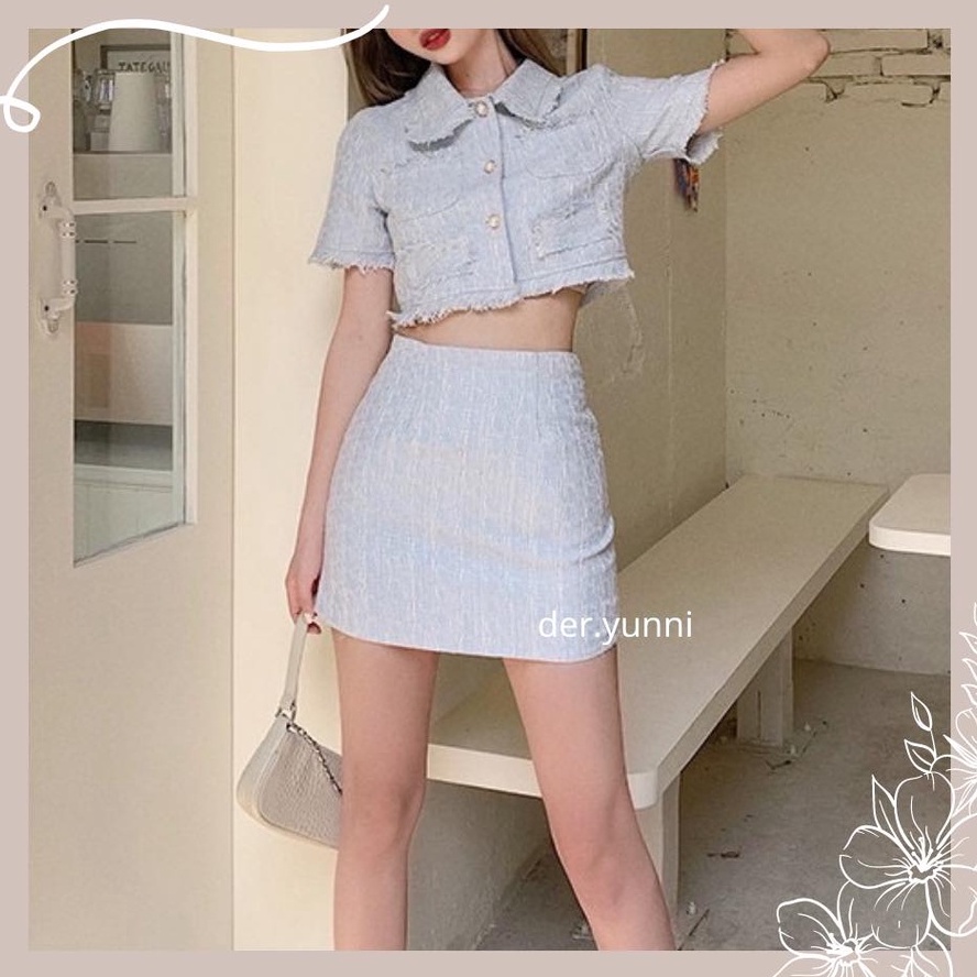 Set áo dạ tay ngắn + chân váy chữ A vải Tweed baby blue ulzzang der.yunni