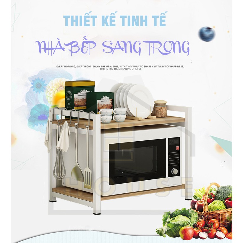 Kệ lò vi sóng 2 tầng mã 145 9House để lò nướng nồi cơm điện khung sắt dày tĩnh điện chống rỉ mặt gỗ chống thấm nước