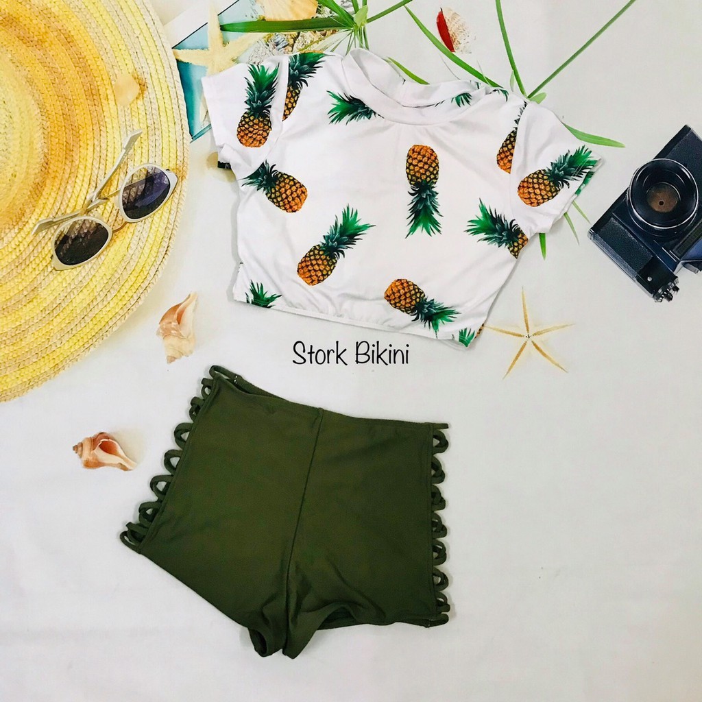 Bikini đi biển nữ 2 mảnh áo tay ngắn trái thơm kín đáo, cute
