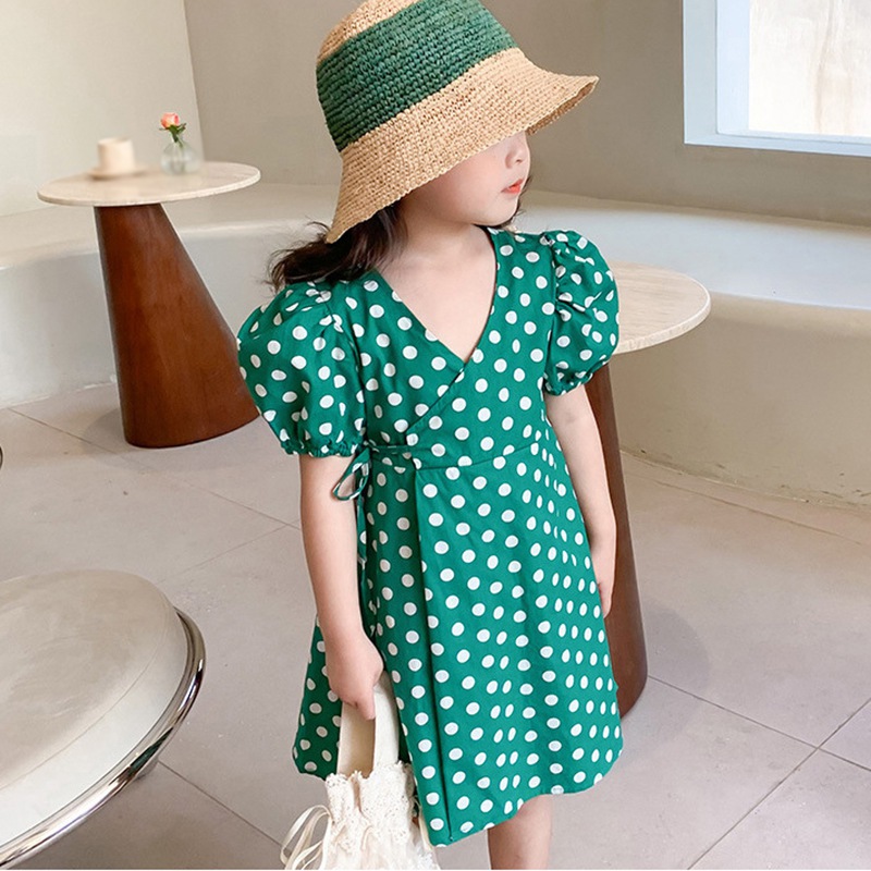 Đầm Chấm Bi Cổ Chữ V Cho Bé Gái