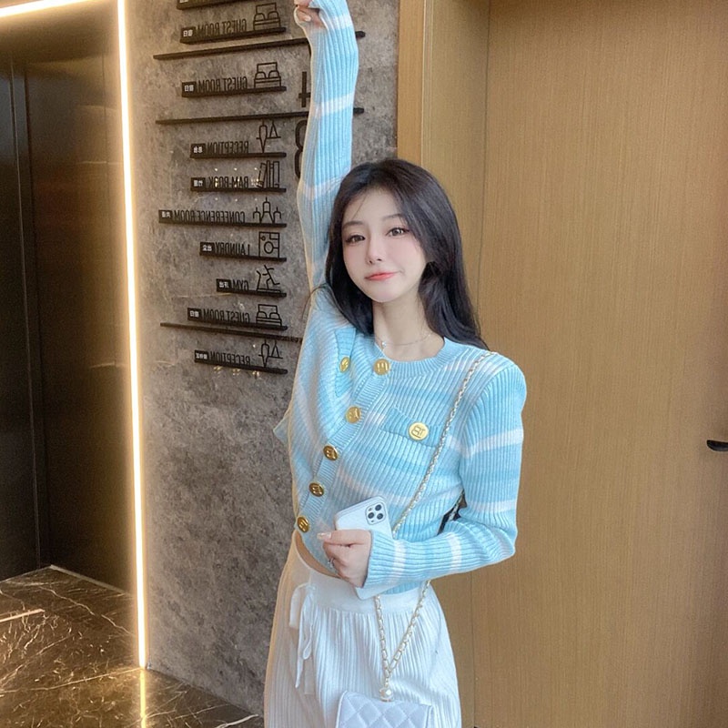 Áo Khoác Cardigan Dệt Kim Mỏng Cổ Tròn Họa Tiết Kẻ Sọc Thời Trang Hàn Quốc Cao Cấp
