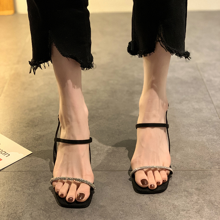 Women's High Heel Sandals2021Summer New Fashion All-Matching Stiletto Rhinestone Black Shoes