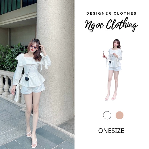 Áo kiểu thiết kế tay dài chất liệu cao cấp NGOCCLOTHING nữ [FREESHIP] Áo peplum cổ vuông buộc nơ cổ tay vô cùng xinh xắn