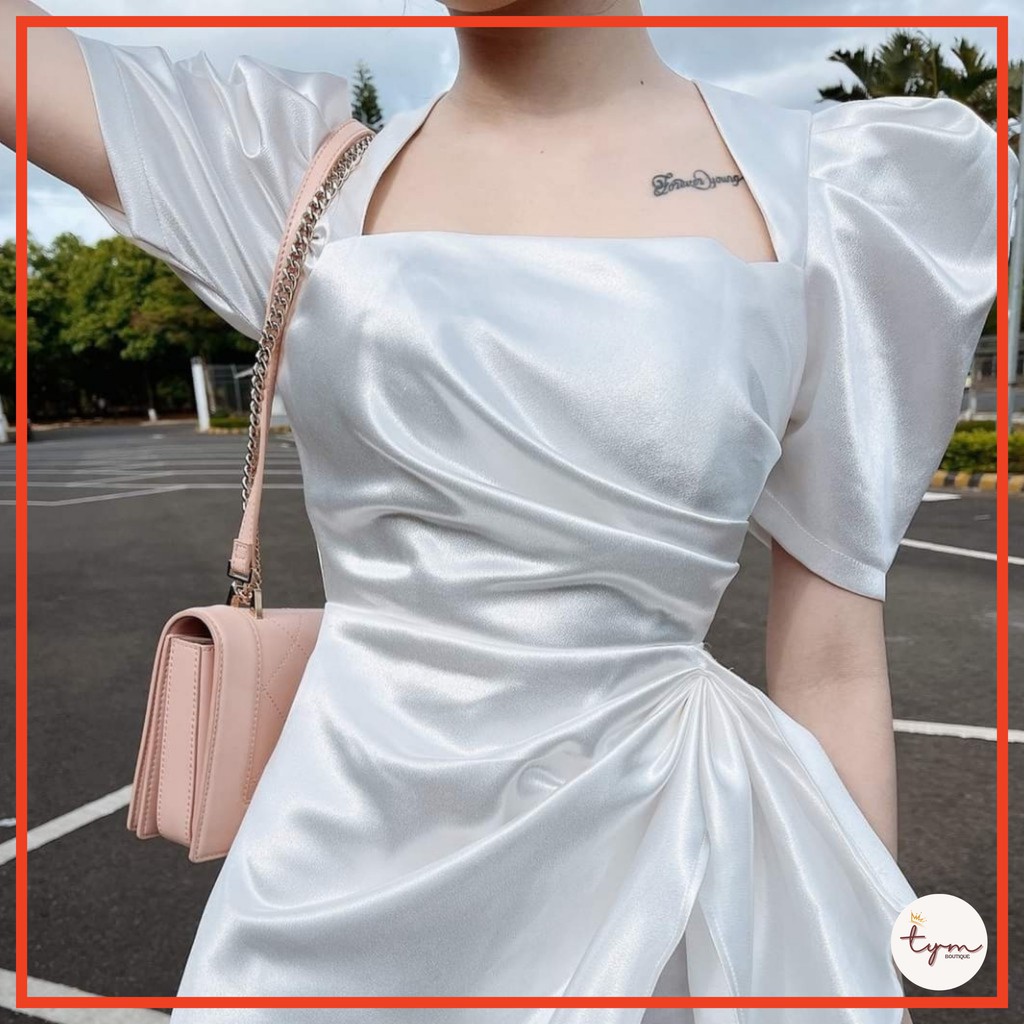 Đầm lụa satin cổ vuông tay phồng, gấp nếp hông xoắn eo tôn dáng, kèm mút | Free size (40-55kg) | - TYM11 | BigBuy360 - bigbuy360.vn