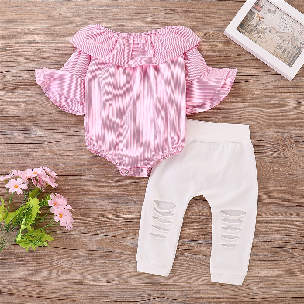 Áo liền quần MIKRDOO trễ vai tay loe + Quần dài phối rách thời trang cho bé gái