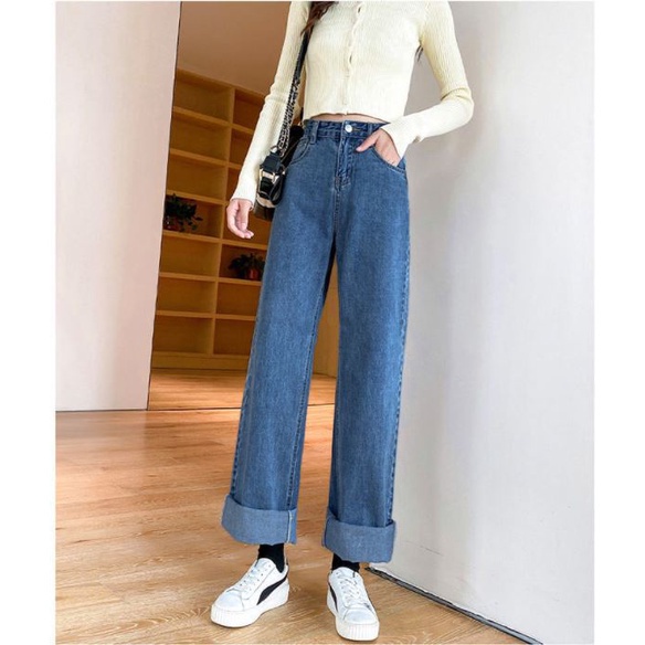 Quần Jean nữ ống rộng Ulzzang lưng cao phong cách Retro Jean xanh đậm - TR01Đ