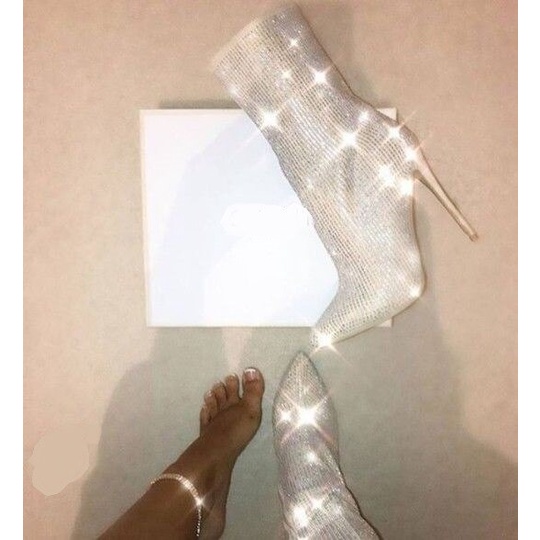 Giày Bốt Cao Gót Đính Đá Có Khóa Kéo plus size 35-42