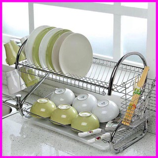 Giá úp bát đĩa 2 tầng inox có khay hứng nước