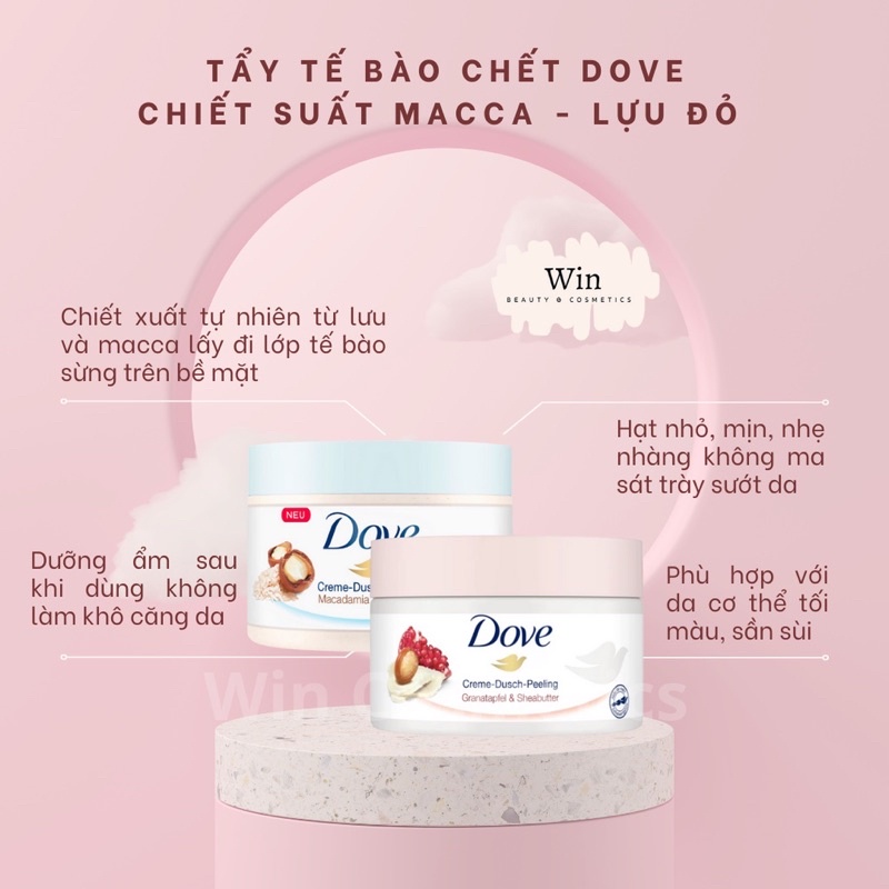 Bản Đức 225gram - Tẩy da chết Dove Exfoliating Body Polish Macca và lựu.