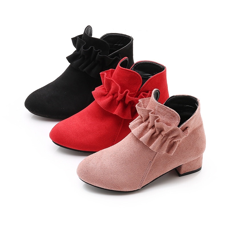 Giày bốt gót cao thời trang Anh Quốc chất dạ xinh xắn dành cho bé gái 3-18 tuổi size 27-37 màu Đen Đỏ Hồng Boots trẻ em