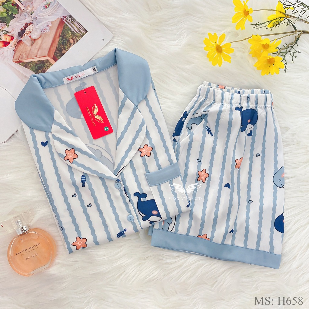 Đồ bộ nữ mặc nhà Pijama VINGO Lụa Pháp cao cấp tay ngắn quần cộc họa tiết bút chì hồng phối xanh mùa Hè H630 VNGO