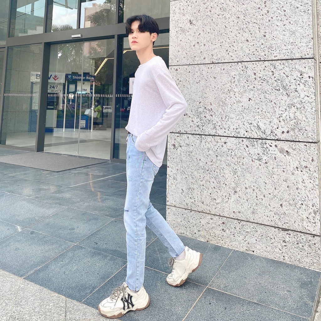 Quần Jean Nam Màu Xanh Nhạt ✅Rách Gối ✅Jean Co Dãn [Freeship] Cam Kết Đổi Trả TRENDYSTORE [#1991] | BigBuy360 - bigbuy360.vn