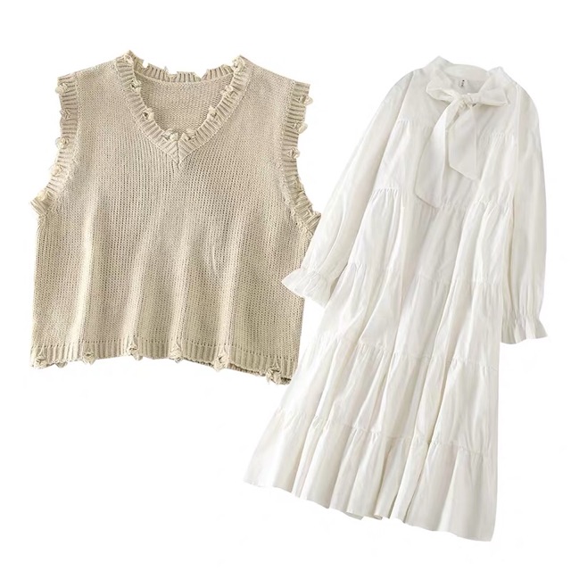 Set váy trắng và áo gile phong cách Hàn Quốc | BigBuy360 - bigbuy360.vn