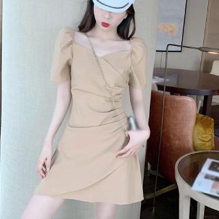 Đầm Cổ Vuông Tay Phồng Màu Trơn Phong Cách Hàn Quốc